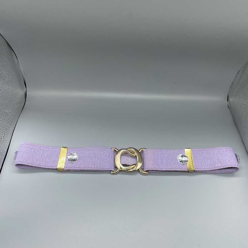 Vintage Lavender Elastic Cinch Belt Gold Tone Buckle Rhinestone Accents Purple
